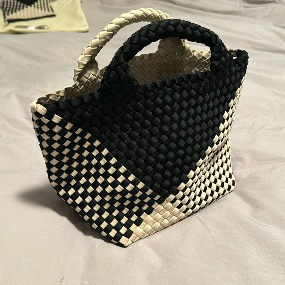 Naghedi St Barths small graphic tote and cross body, colors black and tan